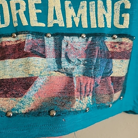 Y2K turquoise blue Top Never Stop Dreaming Patriotic Flag Size S 4th of July - Picture 4 of 16